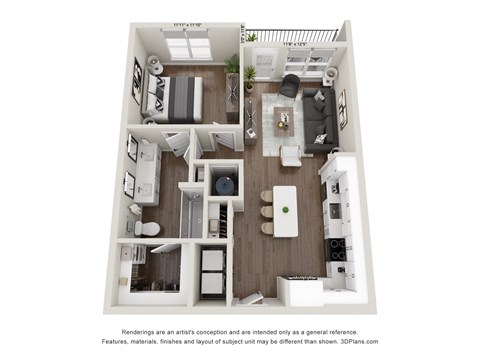 Floor plan for 1 bed, 1 bath, 805 sqft